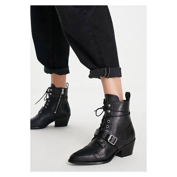 All Saints Shoes - ALLSAINTS Katy Lace Up Leather Buckle Boots 8 Black